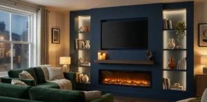 Warm, cozy living room in the evening featuring a large navy blue media wall with integrated LED-lit shelving niches, a floating wood mantel, and a glowing electric fireplace.