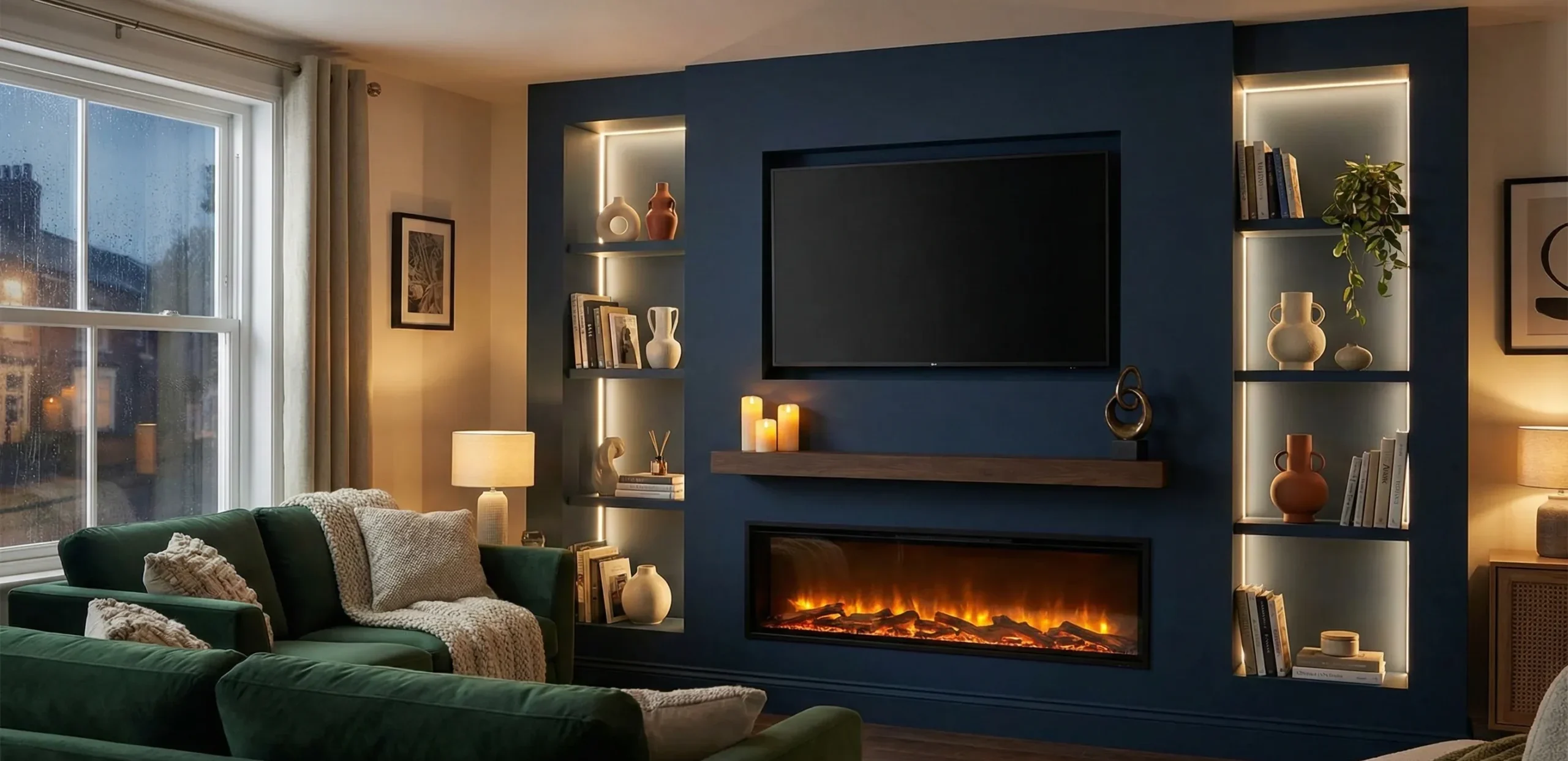 Warm, cozy living room in the evening featuring a large navy blue media wall with integrated LED-lit shelving niches, a floating wood mantel, and a glowing electric fireplace.