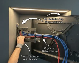 A top-down photograph looking behind a television mounted on an extending arm within a recessed media wall alcove. A hand is reaching into the space behind the mount. White annotated arrows highlight three features: 'Top Ventilation Gap (50mm minimum)' above the TV, 'Organized Cable Routing' showing blue and red cables bundled along the mount arm, and 'Access Space for Adjustments' where the hand is located. LED lighting strip illuminates the top of the alcove.