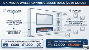 UK media wall planning infographic summarizing essential dimensions, including optimal TV height (95-110cm) and required depth (200-300mm), alongside power requirements (6-7 sockets) and estimated 2026 costs for DIY versus professional installation.