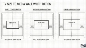 Architectural diagram illustrating optimal TV size to media wall width ratios. Shows 55-inch, 65-inch, and 75-inch televisions with recommended 30cm side clearance for balanced proportions in small, medium, and large configurations.