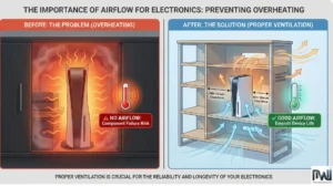 Before-and-after visualization demonstrating the importance of airflow for electronics in media walls. Shows overheating risk in closed cabinets versus proper ventilation slots and minimum 50mm clearance extending gaming console life.
