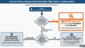 UK electrical regulations decision tree flowchart for media wall installations, guiding homeowners on Part P compliance and determining when hiring a certified NICEIC electrician is mandatory versus permissible DIY work.