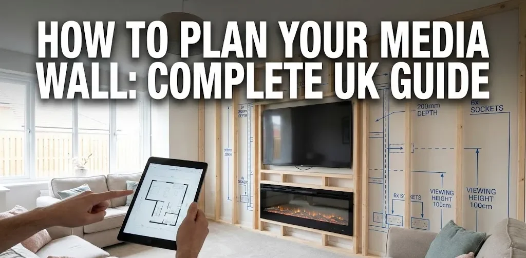 A person holds a tablet displaying floor plans, pointing towards a media wall under construction in a living room. The wooden stud frame incorporates a TV and fireplace, with superimposed blue technical drawings and text indicating measurements like "VIEWING HEIGHT 100cm" and "6x SOCKETS." Large white text across the top reads "HOW TO PLAN YOUR MEDIA WALL: COMPLETE UK GUIDE."