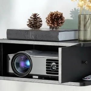 Black Floating Projector Wall Shelf | Under TV Console Stand for Router & Entertainment Center | Magnetic Door & Cable Management, 16.7" x 10.9" x 7.8"