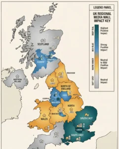 An infographic map of the UK showing the regional value impact of media walls, with London and the South East shaded in teal for highest positive impact and a legend scale on the right.