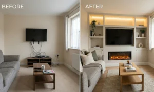 Before and after property listing photos of a UK living room; the 'Before' shows a plain wall with messy cables, and the 'After' shows a professional built-in media wall with LED lighting and an electric fire.