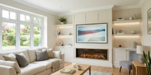 Professional real estate photography of a contemporary neutral living room featuring a floor-to-ceiling bespoke media wall, oak flooring, and natural afternoon light.