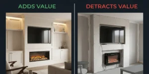 A side-by-side comparison showing a high-end architectural media wall labeled 'ADDS VALUE' versus a poorly finished DIY plasterboard media wall with visible cables labeled 'DETRACTS VALUE'.