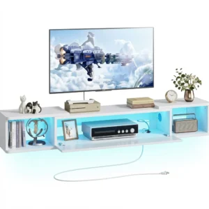 Modern Floating White TV Stand with LED Light and Power Outlet, Wall Mounted Media Console for up to 65 Inch TVs, Entertainment Shelf for Living Room and Bedroom