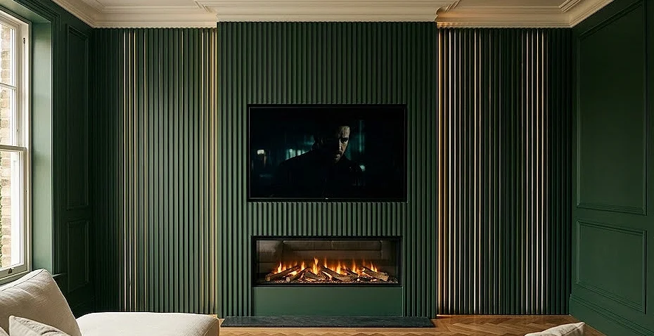 A modern living room with a deep green fluted wall, a centered TV, and an electric fireplace.