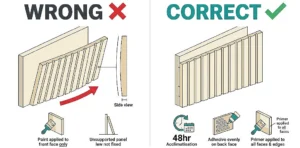 An infographic contrasting 'Wrong' and 'Correct' slatted panel installation. The 'Wrong' side shows a bent panel from partial priming and no support. The 'Correct' side shows a straight panel, recommending acclimatization, even adhesive, and full priming.