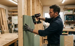 A man installing green fluted wall panels with a nail gun in a woodworking shop.