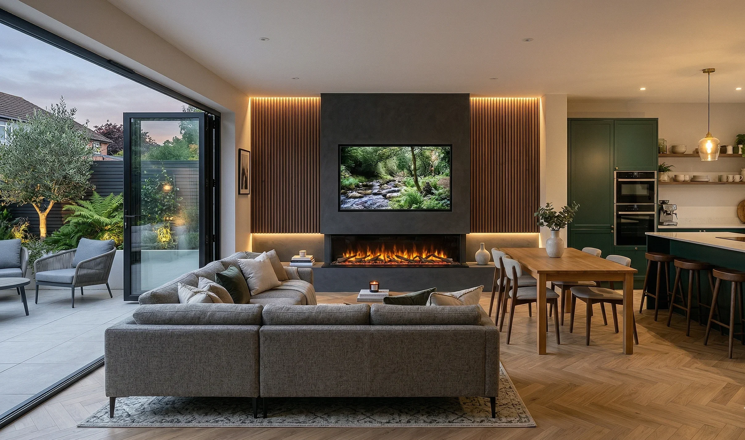 Modern open plan media wall in a UK kitchen-diner-living room with TV, electric fireplace, and walnut slat panels at dusk.