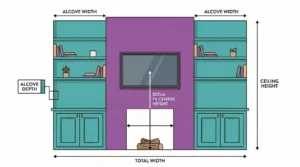 "An architectural front-elevation design diagram illustrating a custom media wall. It features a purple chimney breast with a wall-mounted TV, precisely specified with a 107cm center height, positioned above a fireplace opening. Teal alcoves on both sides include floating shelves and a Shaker-style cupboard below. Dimension lines clearly label 'Alcove Width', 'Alcove Depth', and 'TV Centre Height' for accurate planning. A professional, infographic style layout."