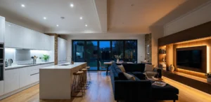 Evening photo of a UK open plan room with distinct lighting zones: cool white in the kitchen and warm amber from media wall LEDs in the living area.