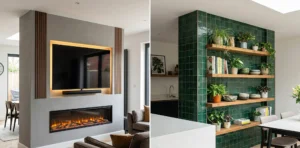 Split-view photo of a double-sided media wall divider in a contemporary UK home: living room face with TV and fireplace; kitchen face with green tiles and shelves.