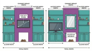 "A mirrored variant of the architectural front-elevation diagram, offering an alternative custom media wall layout. This technical drawing flips the design, showing the right teal alcove with floating shelves above a Shaker-style cupboard and the left alcove replicating it. The central purple chimney breast maintains the exact 107cm TV center height, fireplace opening, and all measurement labels from the original layout (image_6.png). Ideal for reverse planning in home interiors."