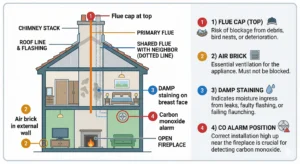 A detailed, flat-style infographic diagram of a multi-story house cross-section. It illustrates common chimney and ventilation maintenance issues, with numbered callouts identifying four key risk areas: 1) Flue cap (top), 2) Air brick, 3) Damp staining, and 4) CO alarm position. It also labels the 'Chimney Stack', 'Roof Line', 'Primary Flue', and 'Shared Flue with Neighbor'.