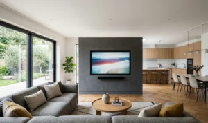 Sleek charcoal grey freestanding partial wall media wall with TV and soundbar, serving as a zone divider in a contemporary UK home with oak floors.