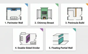 Infographic overview diagram showing five types of open plan media wall builds: perimeter wall, chimney breast, peninsula, double-sided divider, and floating partial wall.