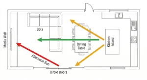 Top-down diagram of a UK open plan room extension illustrating TV placement from sofa, kitchen, and dining areas with bifold door glare conflict.