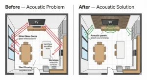 Top-down diagram comparing an open plan room's acoustic problem (sound echoing off glass and tile) with the solution (acoustic slat panels on the media wall).