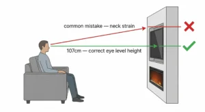 Infographic diagram comparing correct TV height (107cm to center from eye level) against an incorrect high position, highlighting potential neck strain.