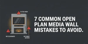 Infographic banner header illustrating 7 common open plan media wall mistakes to avoid, with TV too high, no clearance, and no cable access highlighted.