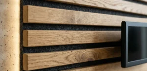 Close-up photo showing the detailed texture of felt-backed oak wood acoustic slat panels for a sound-absorbing media wall.