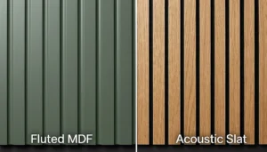 A side-by-side product comparison of two different types of decorative wall panels. The left panel is a deep green fluted (grooved) MDF panel, labeled 'Fluted MDF' at the bottom. The right panel is an acoustic slat panel, featuring individual light oak colored wood slats on a visible black felt background, labeled 'Acoustic Slat' at the bottom.