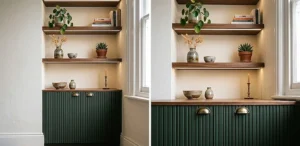 Image ke saare zaroori elements ko cover karta hai (fluted cabinets, gold handles, floating shelves, LED lighting, Pilea plant, books, ceramics).