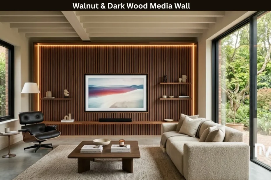 1-Modern walnut slatted media wall design with integrated warm LED lighting in a contemporary UK living room.