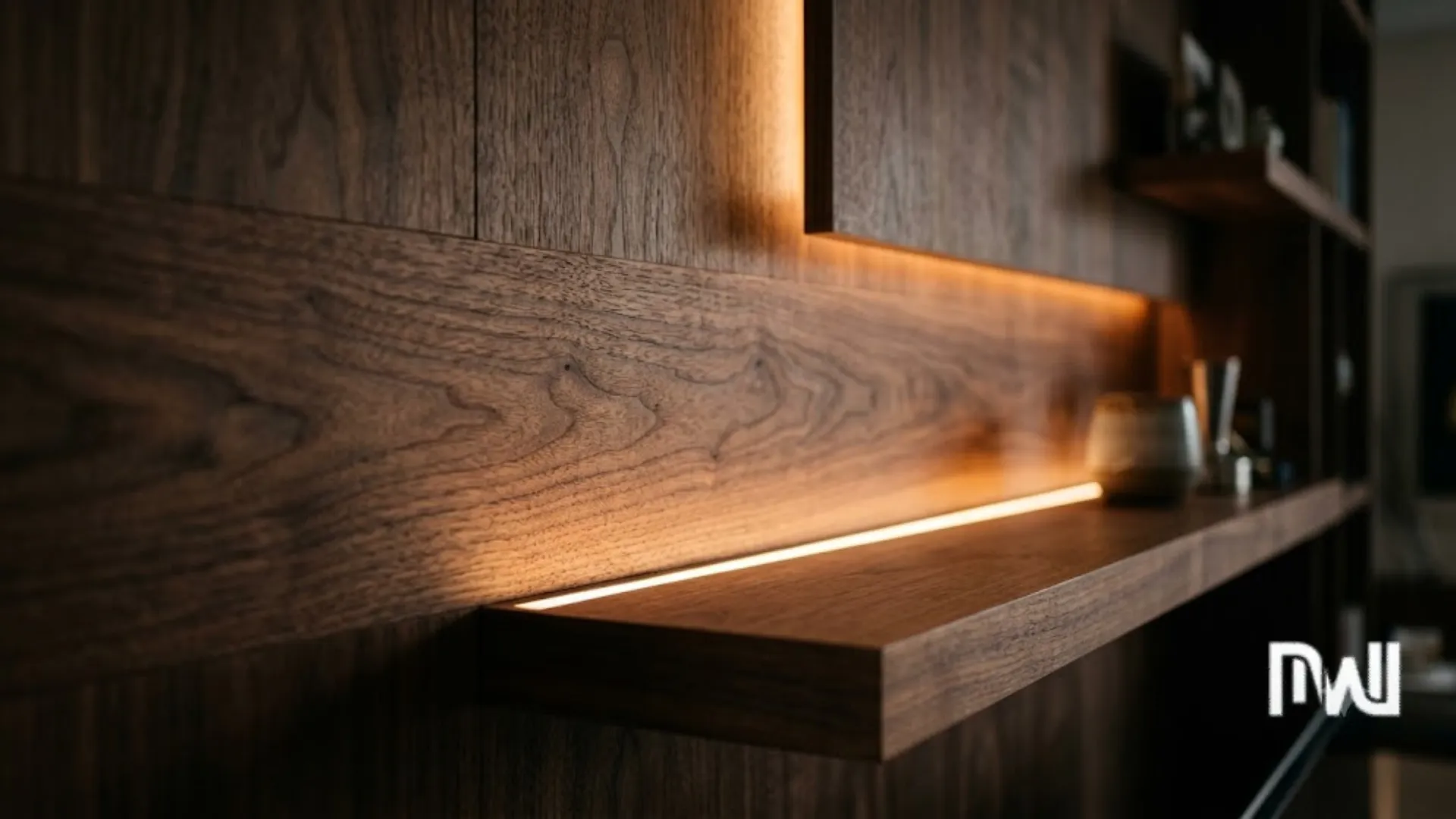2-Close-up view of premium walnut wood veneer texture on a media wall with soft 2700K LED accent lighting.
