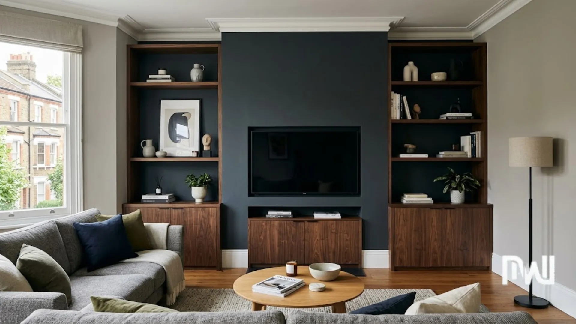 Custom dark wood alcove media wall with hidden storage cabinets and open shelving beside a chimney breast.