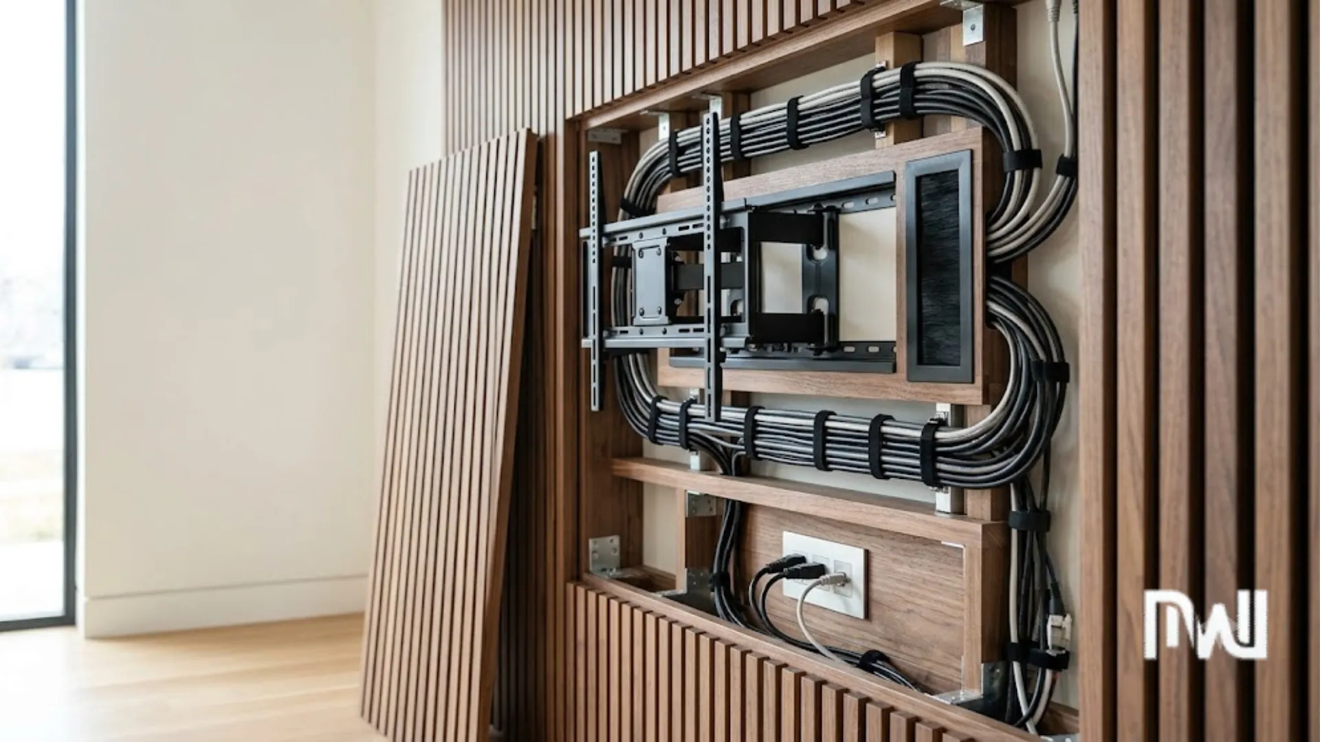 Professional media wall installation showing neat cable management and integrated electrical outlets behind wooden panels.